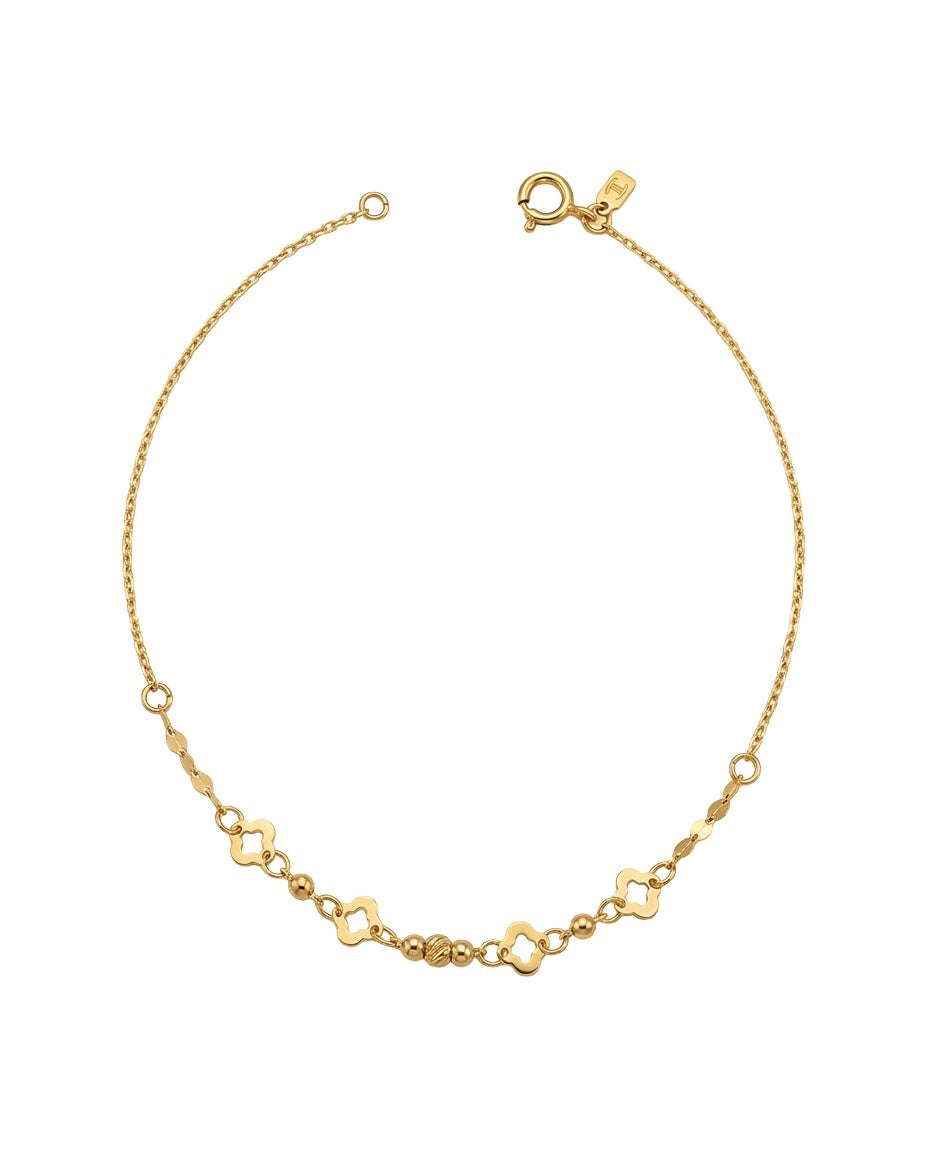 Feines Armband aus 18k Gelbgold mit floralen Elementen und kleinen Kugeln, freigestelltes Produktbild