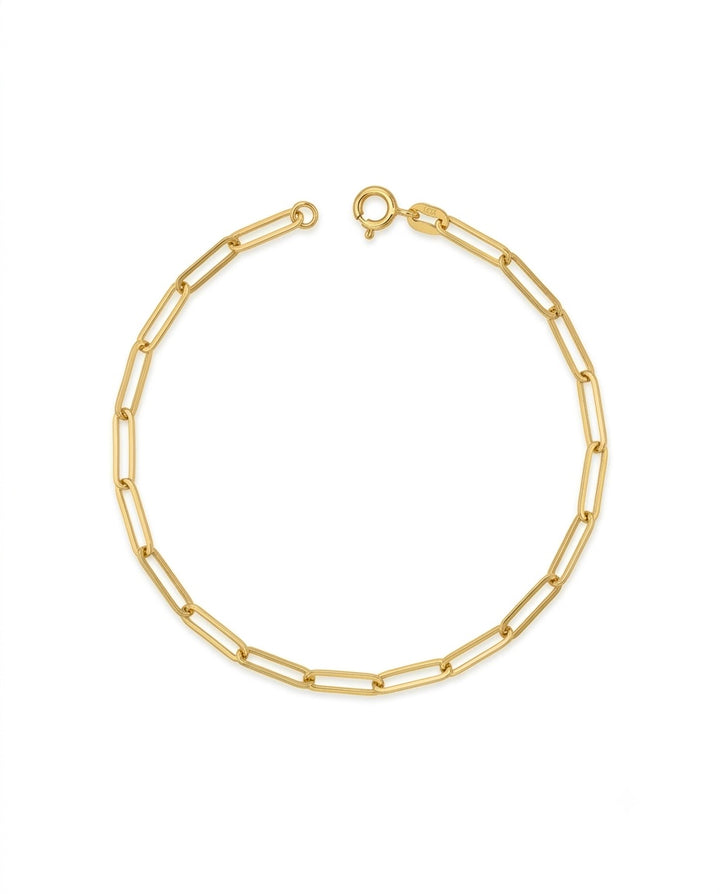 Feines Armband aus 18k Gelbgold mit länglichen Gliedern, 2.5 mm breit und 19 cm lang – auf hellem Hintergrund