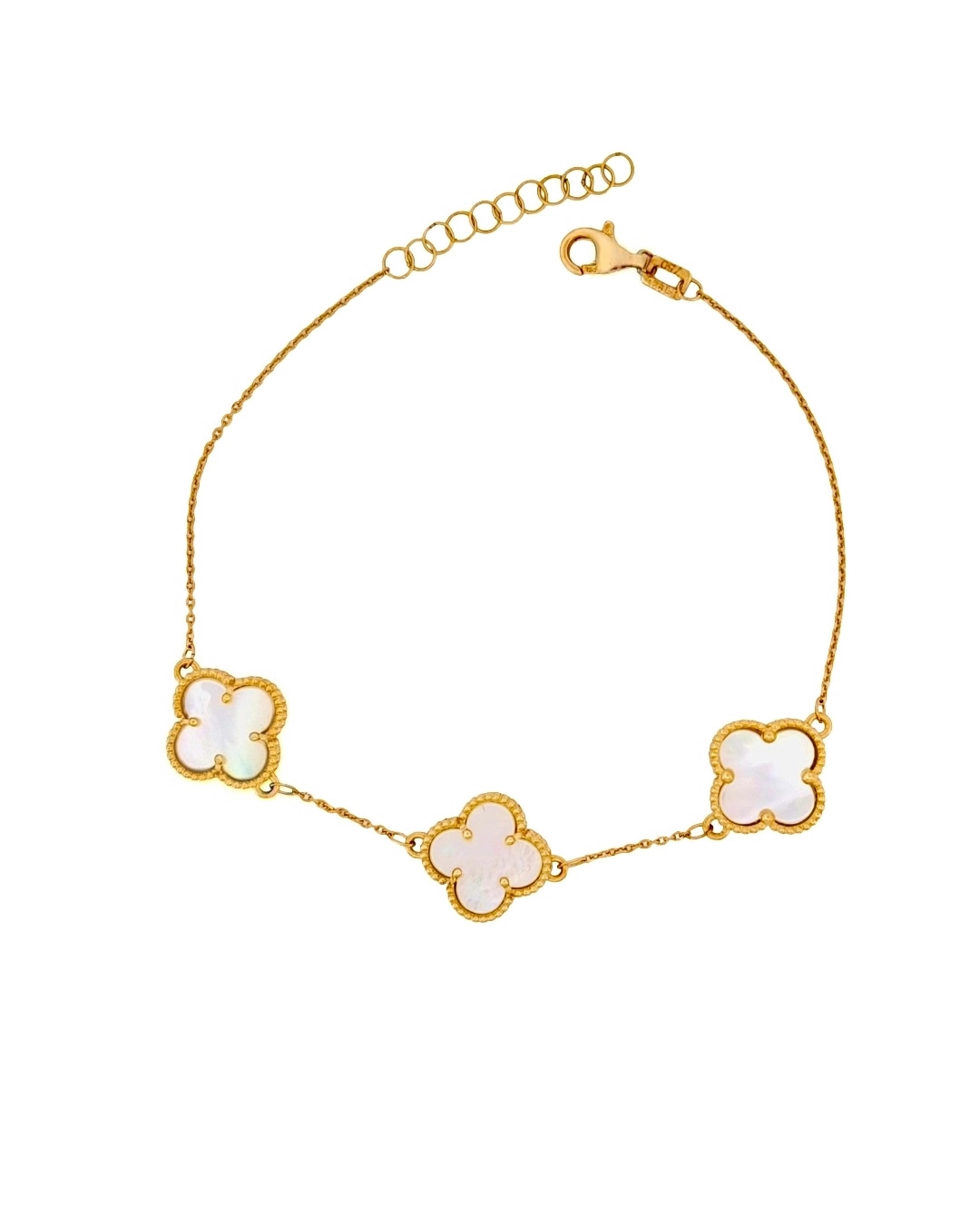 18k Gold Armband mit drei weissen Natur-Perlmutt Kleeblättern – 17–19.5 cm verstellbar