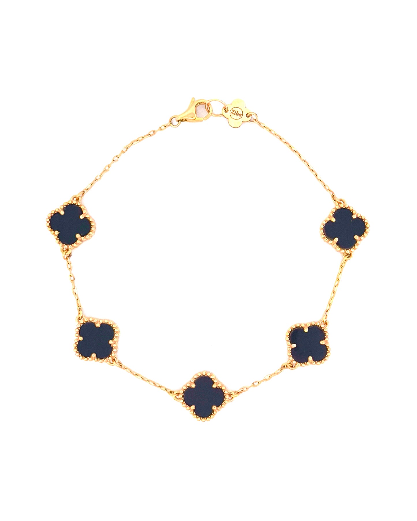 Armband aus 18k Gelbgold mit fünf Onyx Kleeblättern – freigestelltes Produktbild auf weissem Hintergrund.