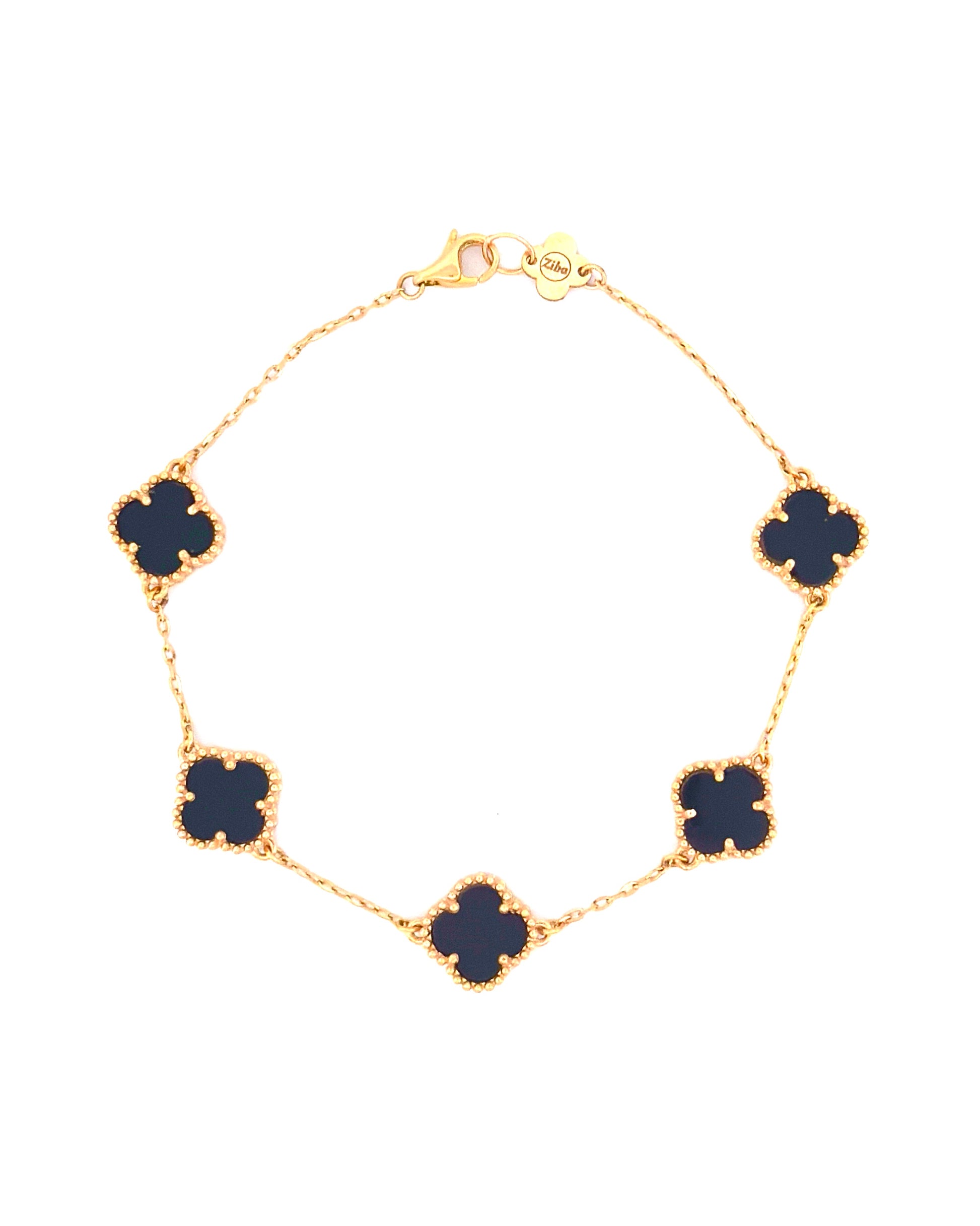 Armband aus 18k Gelbgold mit fünf Onyx Kleeblättern – freigestelltes Produktbild auf weissem Hintergrund.