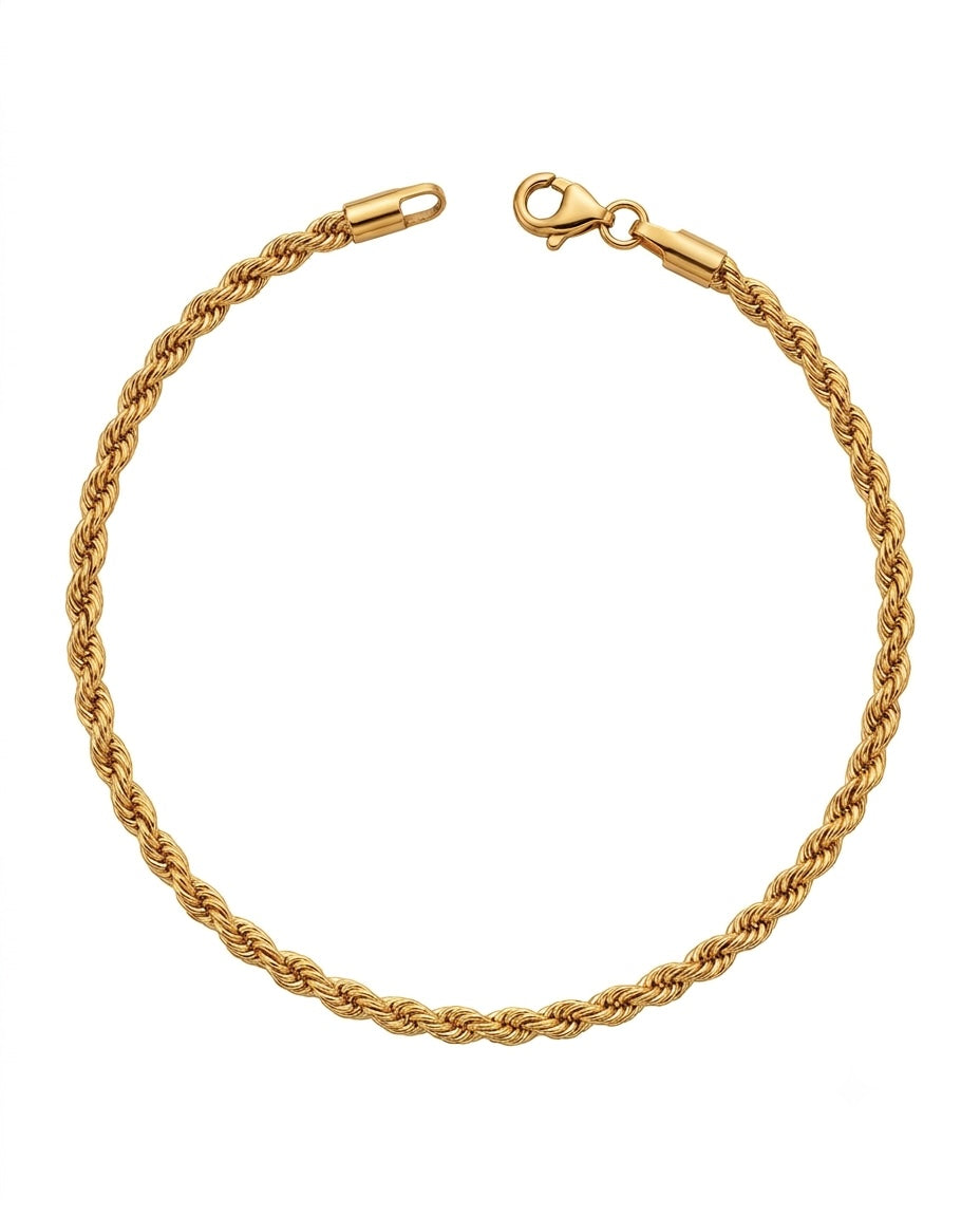 Armband aus 18k Gelbgold mit gedrehter Zopfkette – freigestelltes Produktbild auf weissem Hintergrund.
