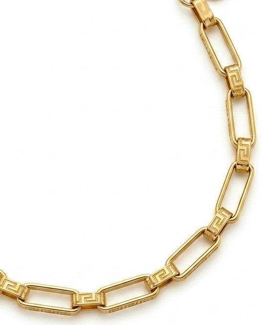 Elegante 18 Karat Goldkette mit länglichen rechteckigen Gliedern und dekorativen griechischen Mäander-Elementen. Zeitloses, modernes Design aus hochwertigem Gelbgold für Damen und Herren.