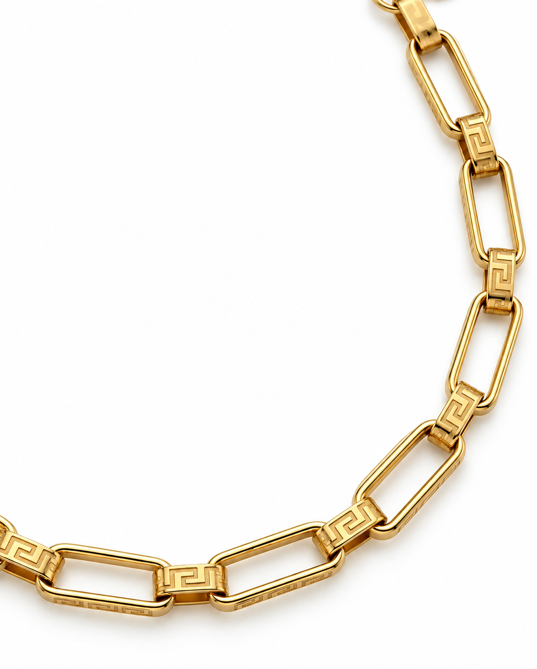 Elegante 18 Karat Goldkette mit länglichen rechteckigen Gliedern und dekorativen griechischen Mäander-Elementen. Zeitloses, modernes Design aus hochwertigem Gelbgold für Damen und Herren.