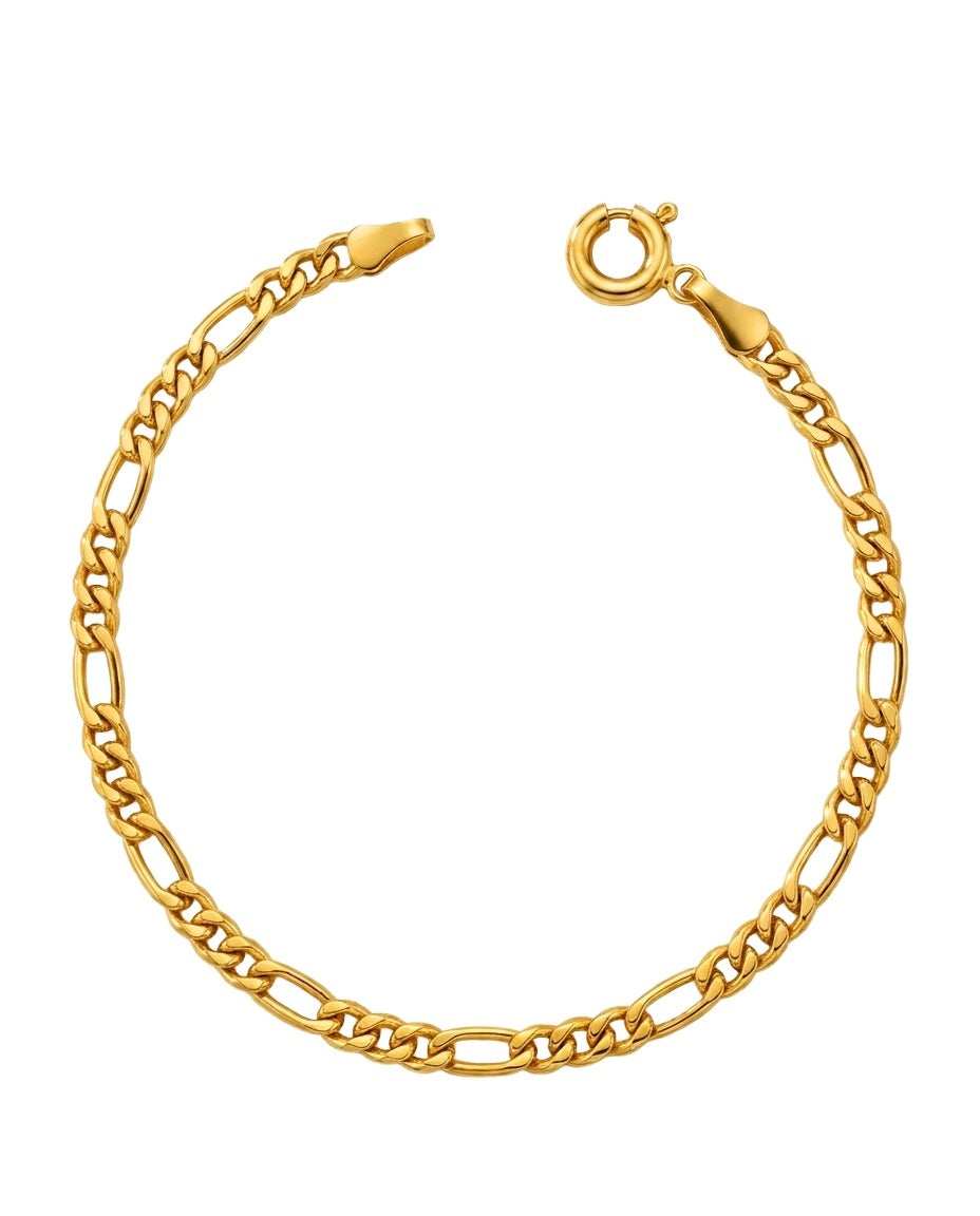 18 Karat Goldarmband in klassischer Figaro-Kette mit Karabinerverschluss, handgefertigter hochwertiger Goldschmuck, freigestellt vor weißem Hintergrund.