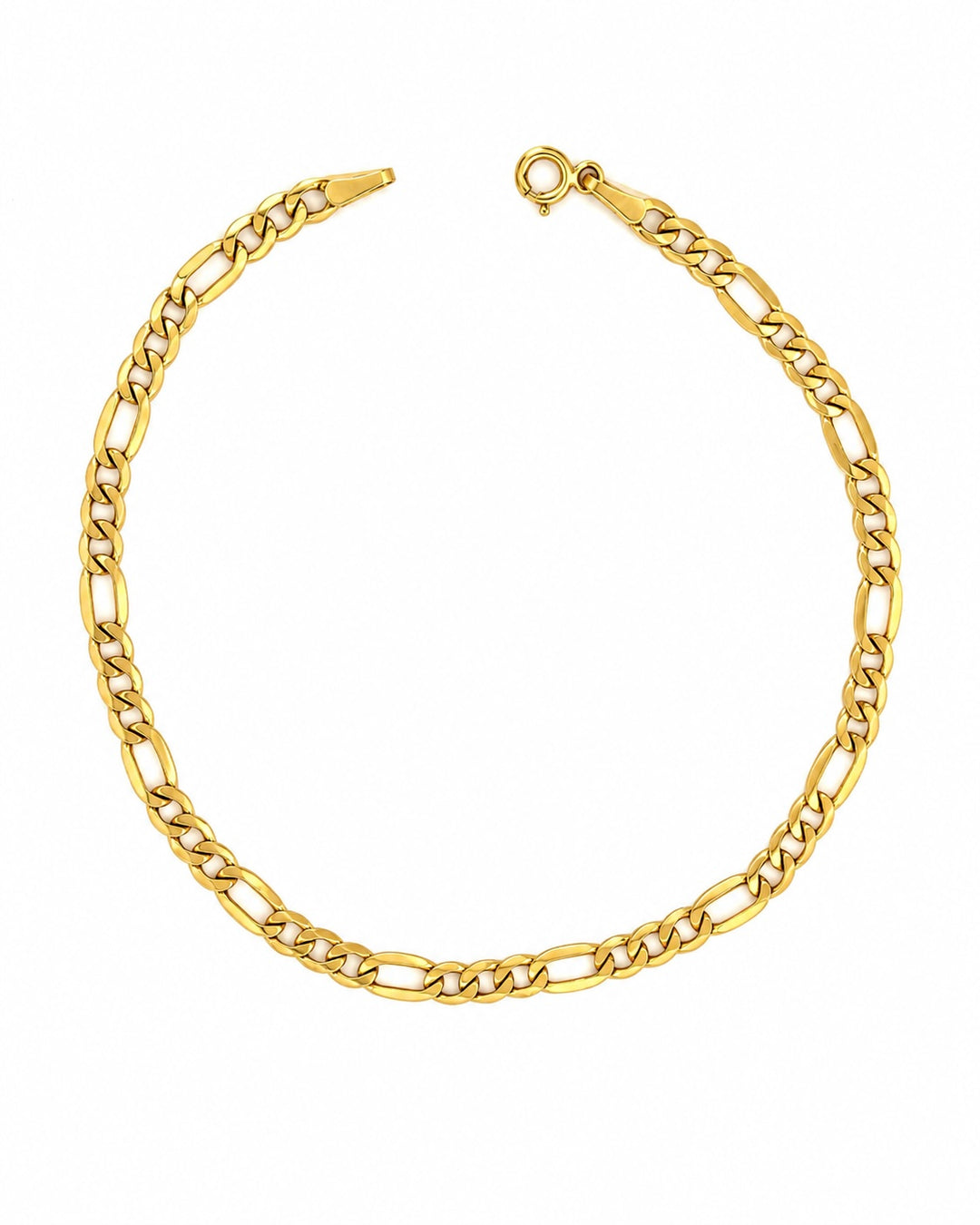 Figaro-Armband aus 18 Karat Gelbgold freigestellt auf weißem Hintergrund – klassischer, zeitloser Goldschmuck aus massivem 18k Gold mit hochwertigem Karabinerverschluss.