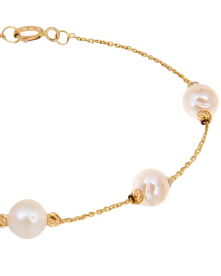 Detailaufnahme der Perlen und 2 mm Goldkugeln aus 18k Gelbgold
