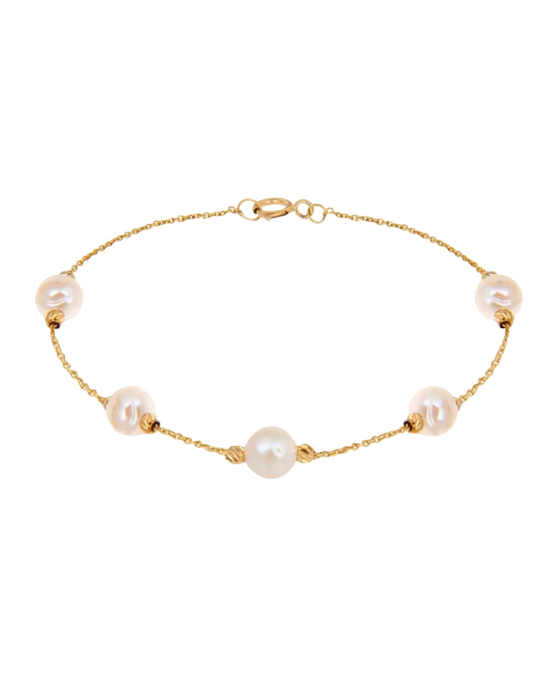 18k Goldarmband mit fünf echten gezüchteten Perlen (7 mm) und 1 mm Goldkette