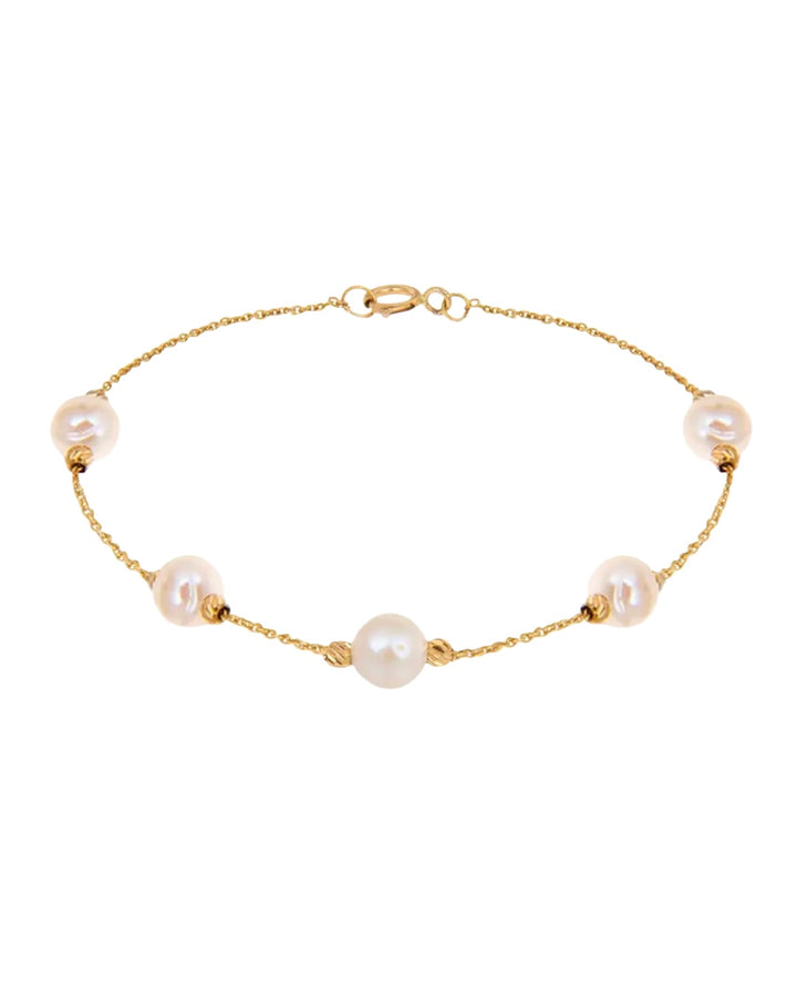 18k Goldarmband mit fünf echten gezüchteten Perlen (7 mm) und 1 mm Goldkette