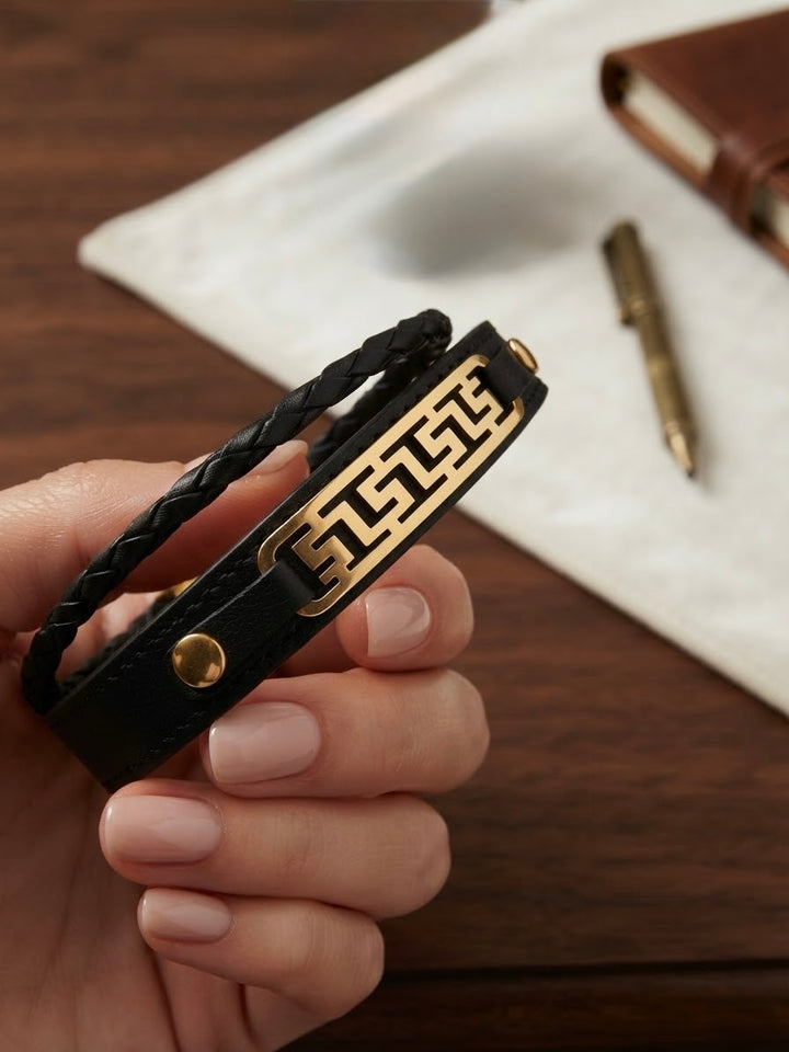 Râh Lederarmband mit geometrischem 18k Gelbgold Element in der Hand gehalten