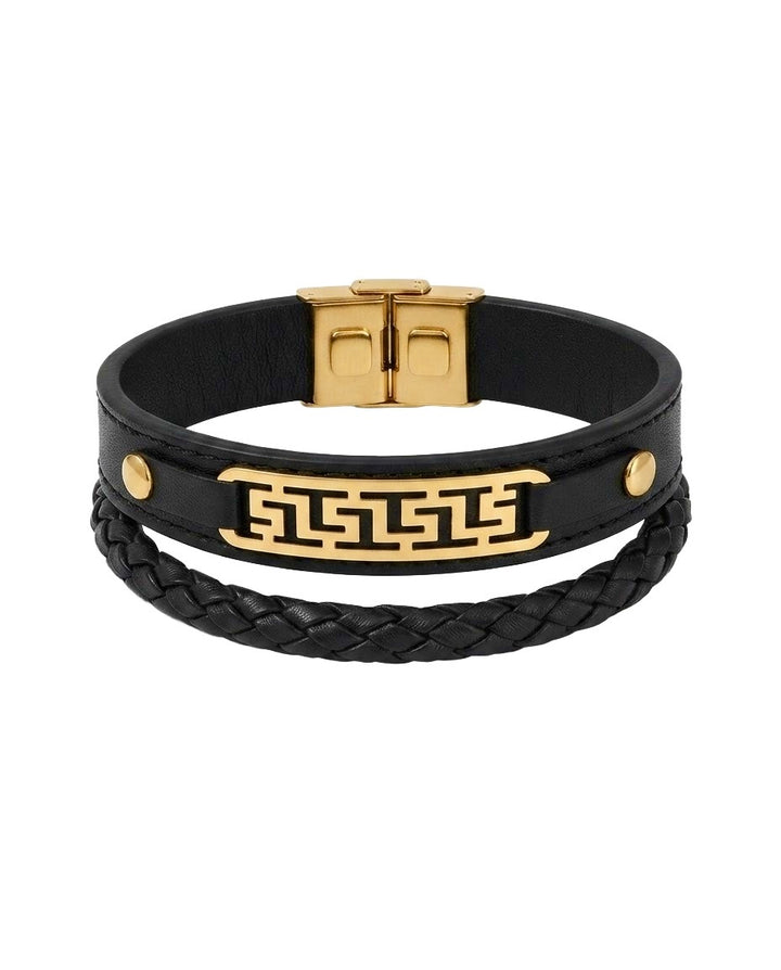 Schwarzes Lederarmband mit geflochtenem Leder und massivem 18k Goldornament