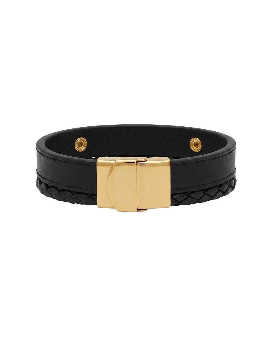 Schwarzes Lederarmband Râh mit Metallverschluss und Druckknöpfen