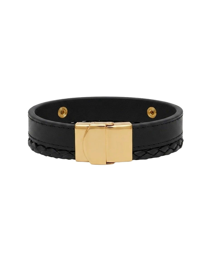 Schwarzes Lederarmband Râh mit Metallverschluss und Druckknöpfen