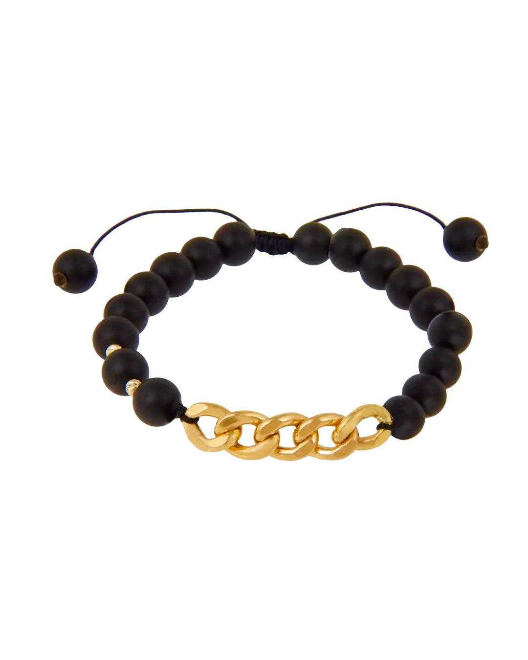 Freigestelltes Produktbild eines Onyx-Armbands mit 18k Gold-Panzerkette –  Grösse frei verstellbar.