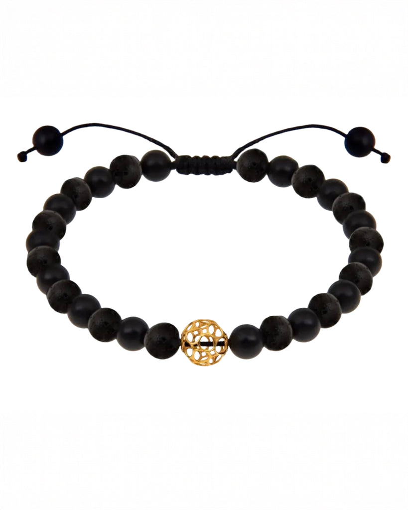 Produktbild: Onyx Armband mit 18k Goldkugel – Dorr-e Siyāh (Schwarze Perle), verstellbar 18–24 cm, freigestellt vor weissem Hintergrund