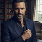 Elegant gekleideter Mann in einem dunkelblauen Anzug trägt eine goldene Halskette und ein passendes Armband aus 18 Karat Gelbgold. Der Look wirkt luxuriös, selbstbewusst und zeitlos – aufgenommen in einem stilvollen Raum mit Bücherregal im Hintergrund.