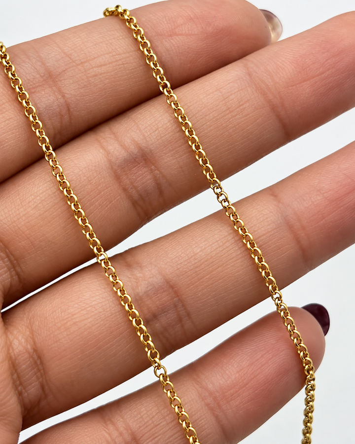 Filigrane Goldkette mit feinen runden Gliedern, detailreich auf einer Hand präsentiert. Die glänzende Gelbgold-Oberfläche hebt die zarte Verarbeitung der Kette hervor.