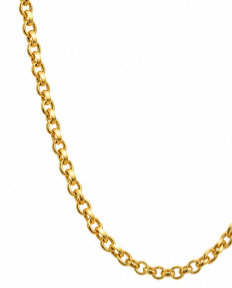 Detailaufnahme einer feinen 18 Karat Gelbgold-Ankerkette mit polierten Gliedern – elegante, zeitlose Goldkette für Damen