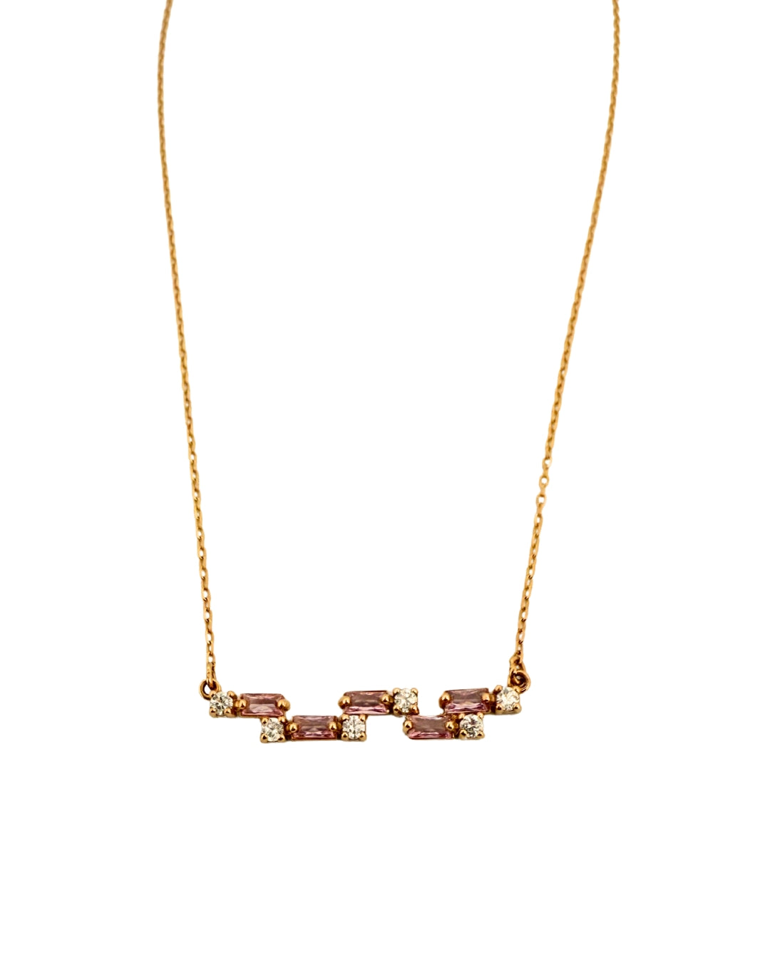 Feine 18k Goldkette mit vertikalem Anhänger aus rosa und weissen Zirkonia Steinen und Gold – 42 cm lang