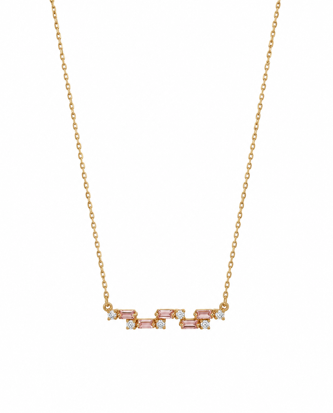 Feine 18k Goldkette mit vertikalem Anhänger aus rosa und weissen Zirkonia Steinen und Gold – 42 cm lang