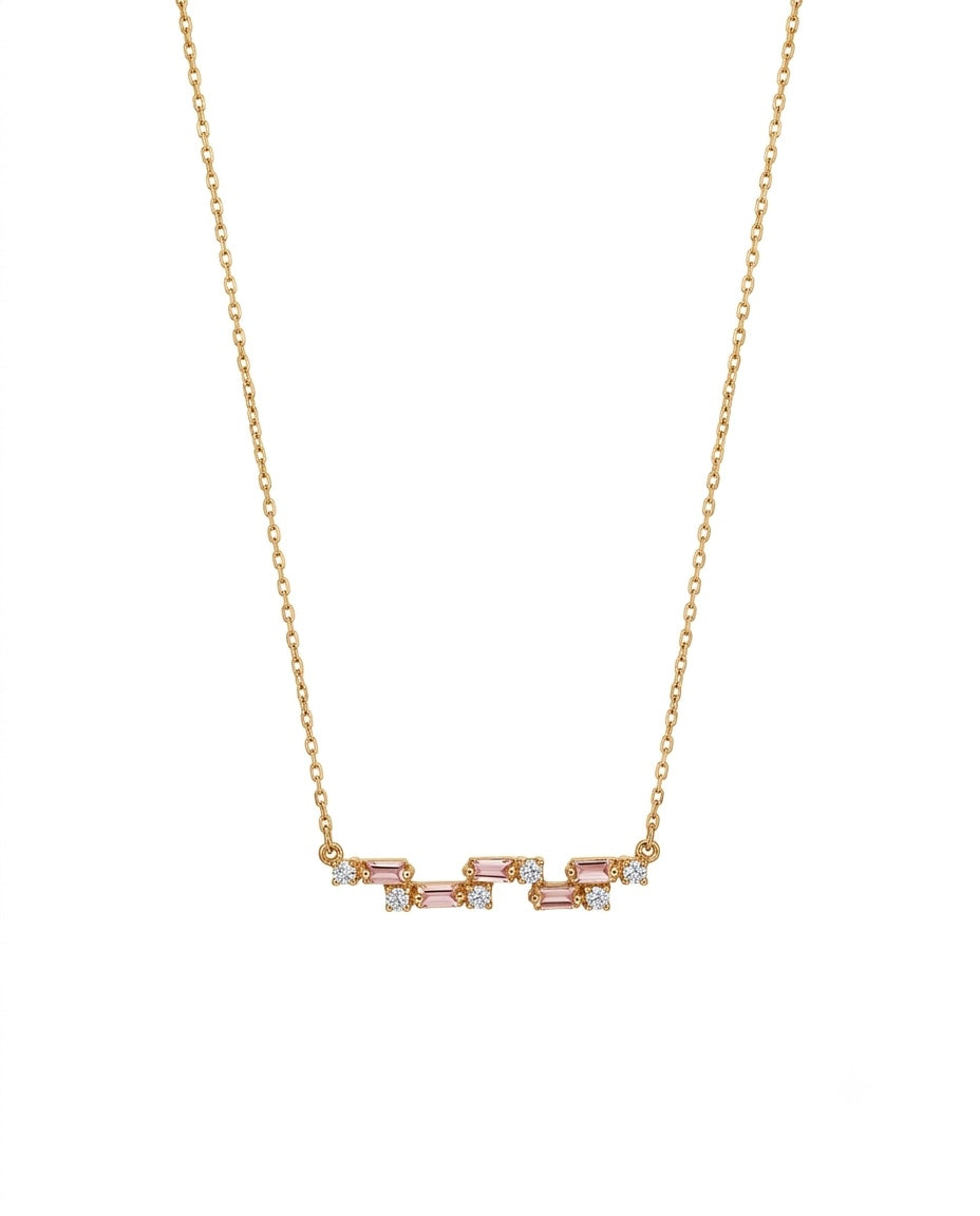 Feine 18k Goldkette mit vertikalem Anhänger aus rosa und weissen Zirkonia Steinen und Gold – 42 cm lang