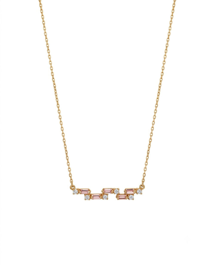 Feine 18k Goldkette mit vertikalem Anhänger aus rosa und weissen Zirkonia Steinen und Gold – 42 cm lang