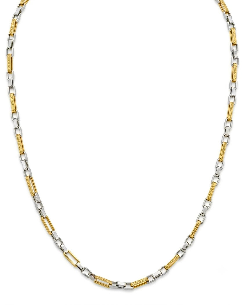 Zweifarbige 18k Goldkette mit Meander-Gliedern – freigestelltes Produktbild.