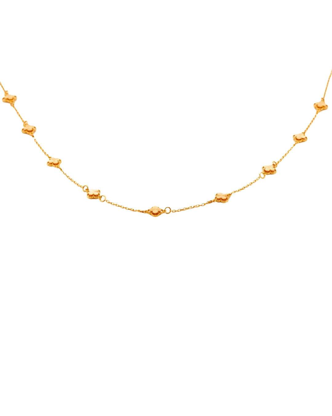 Feine 18k Goldhalskette Shans-e Zarif mit kleinen Kleeblättern – elegante Seitenansicht