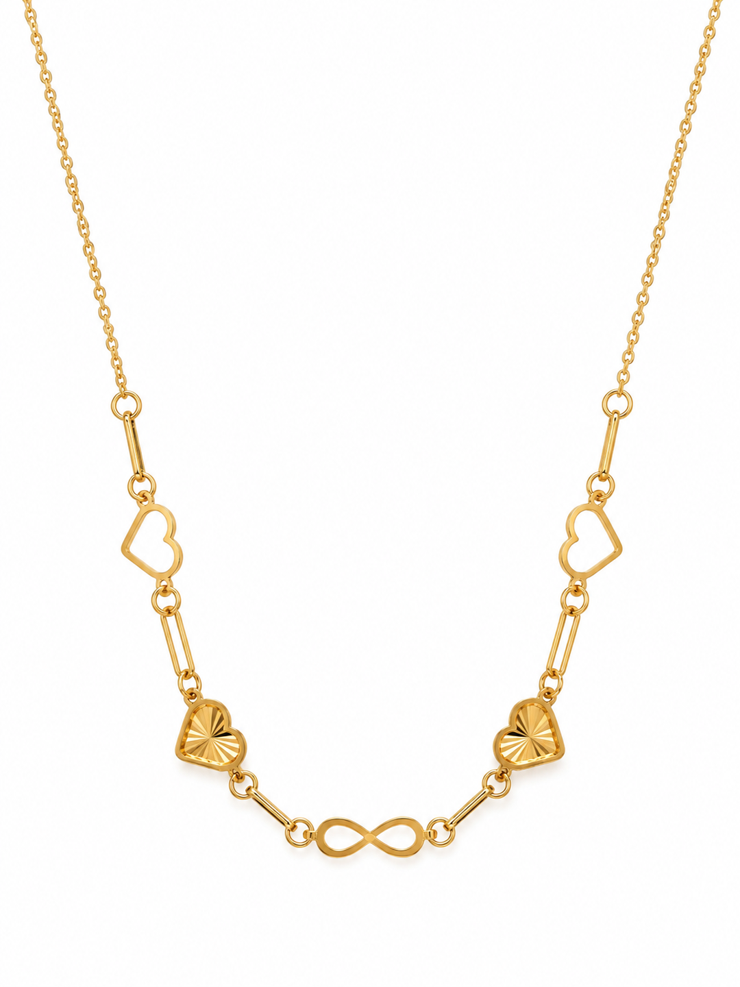Halskette aus 18K Gelbgold mit vier Herzmotiven, sechs Paperclip-Elementen und zentralem Unendlichkeitssymbol auf weissem Hintergrund.