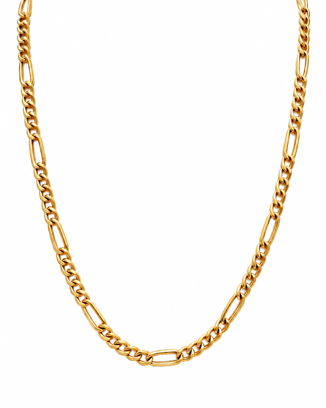 Figaro-Halskette aus 18K Gelbgold mit abwechselnd sechs kurzen und einem länglichen Kettenglied auf weissem Hintergrund.