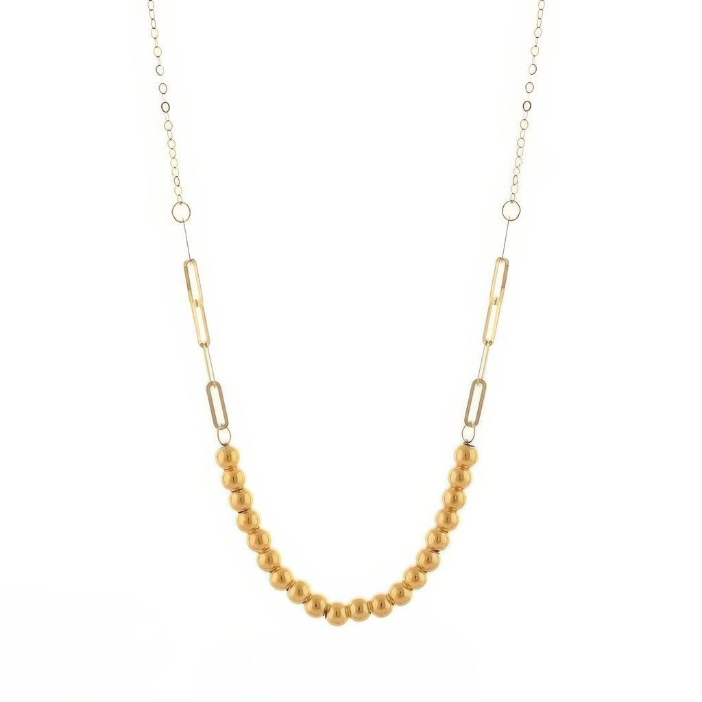 Halskette aus 18k Gelbgold mit Goldperlen und langen Gliederelementen – modernes Design mit klassischer Perlenstruktur