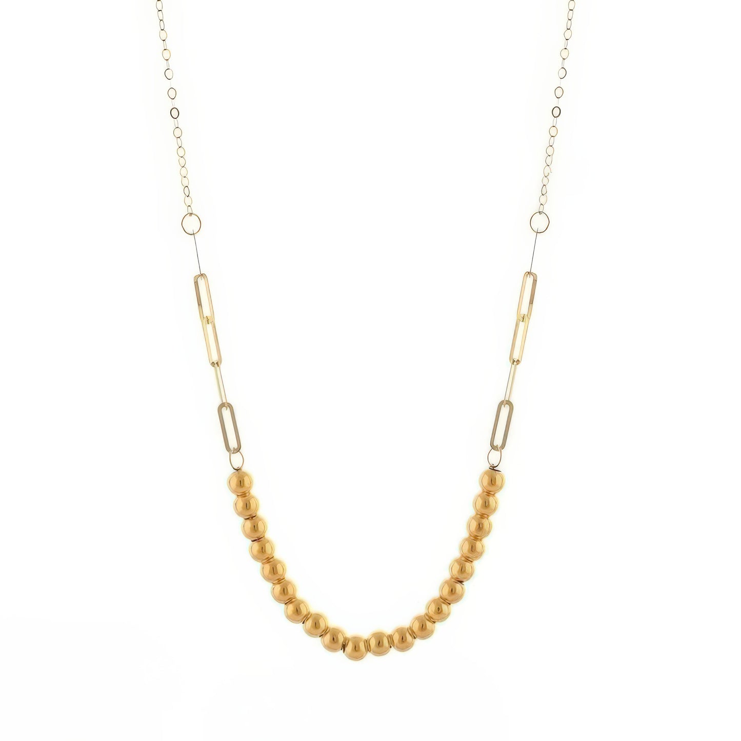 Halskette aus 18k Gelbgold mit Goldperlen und langen Gliederelementen – modernes Design mit klassischer Perlenstruktur