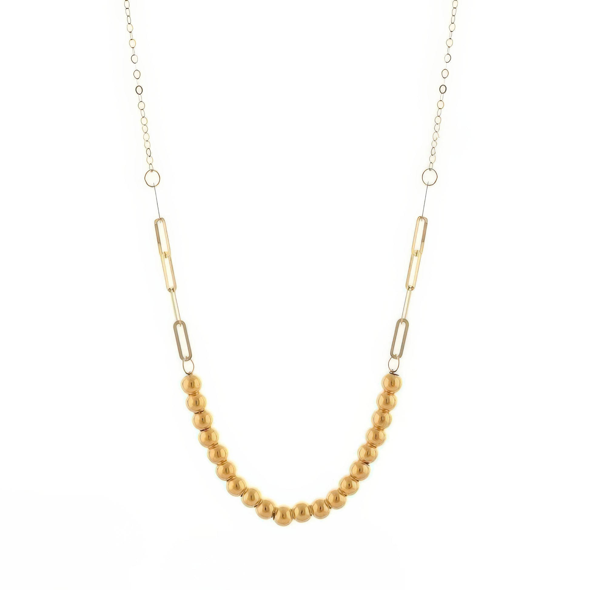 Halskette aus 18k Gelbgold mit Goldperlen und langen Gliederelementen – modernes Design mit klassischer Perlenstruktur