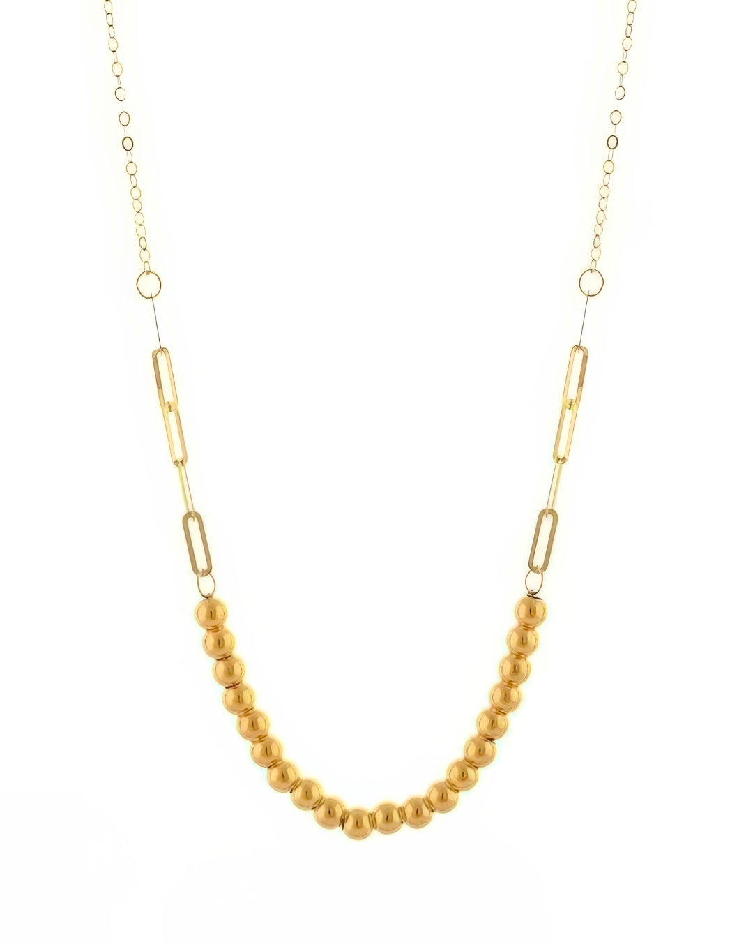Halskette aus 18k Gelbgold mit Goldperlen und langen Gliederelementen – modernes Design mit klassischer Perlenstruktur
