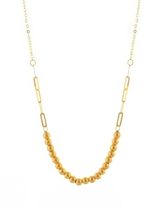 Halskette aus 18k Gelbgold mit Goldperlen und langen Gliederelementen – modernes Design mit klassischer Perlenstruktur