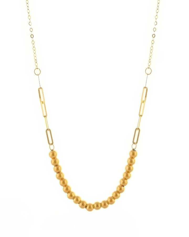 Halskette aus 18k Gelbgold mit Goldperlen und langen Gliederelementen – modernes Design mit klassischer Perlenstruktur
