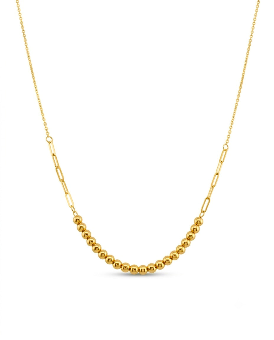 Halskette aus 18k Gelbgold mit Goldperlen und langen Gliederelementen – modernes Design mit klassischer Perlenstruktur