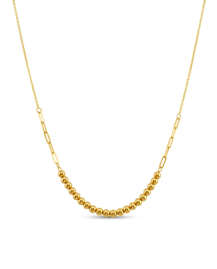 Halskette aus 18k Gelbgold mit Goldperlen und langen Gliederelementen – modernes Design mit klassischer Perlenstruktur
