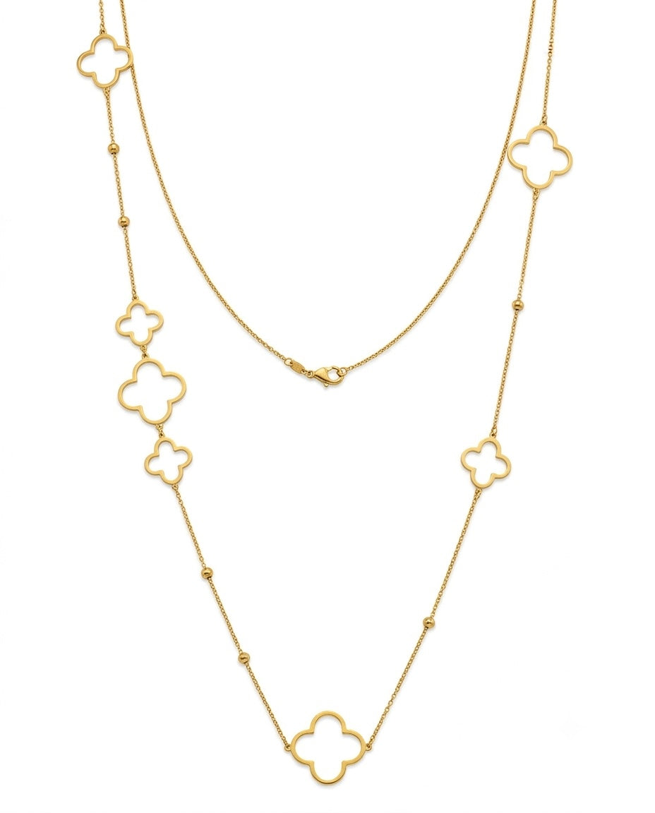 Lange 18k Goldkette mit weißen Kleeblatt-Motiven – luxuriöse Damenhalskette aus 750 Gelbgold mit eleganten Clover-Anhängern und feinen Goldakzenten