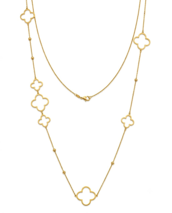 Lange 18k Goldkette mit weißen Kleeblatt-Motiven – luxuriöse Damenhalskette aus 750 Gelbgold mit eleganten Clover-Anhängern und feinen Goldakzenten