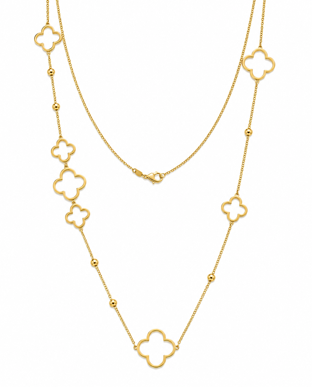 Lange 18k Goldkette mit weißen Kleeblatt-Motiven – luxuriöse Damenhalskette aus 750 Gelbgold mit eleganten Clover-Anhängern und feinen Goldakzenten