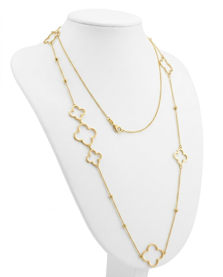 Luxuriöse 18k Goldkette mit weißen Kleeblatt-Motiven – lange Damenhalskette aus 750 Gelbgold mit Clover-Anhängern, Perlmutt-Optik und zeitlosem Design
