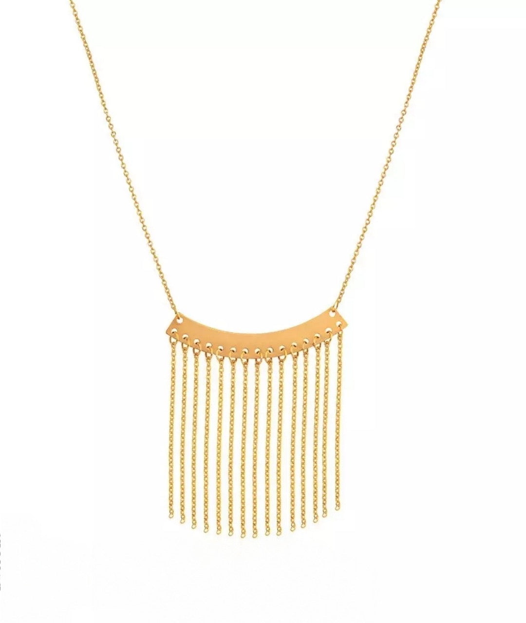 18k Goldkette mit gebogener Platte und hängenden Gliederketten – inspiriert vom „Goldenen Regen“ der persischen Kultur