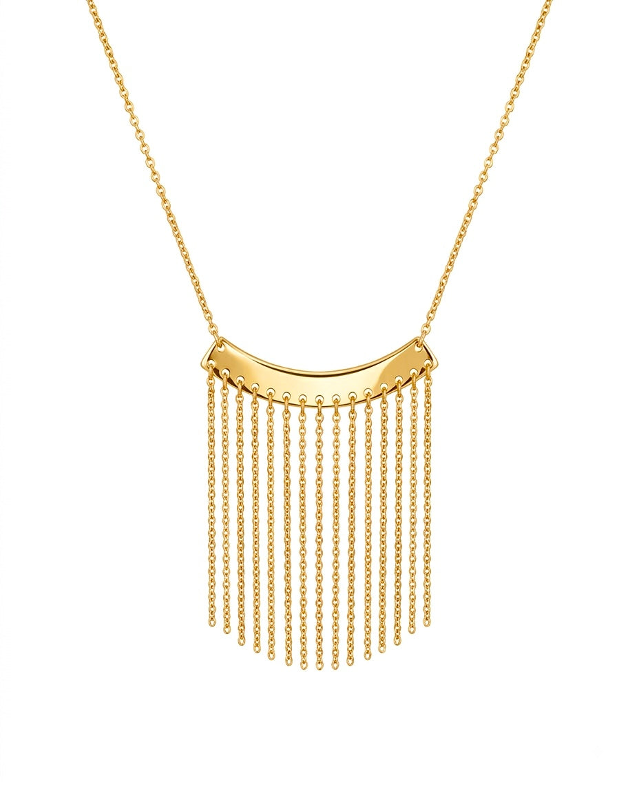 18k Goldkette mit gebogener Platte und hängenden Gliederketten – inspiriert vom „Goldenen Regen“ der persischen Kultur