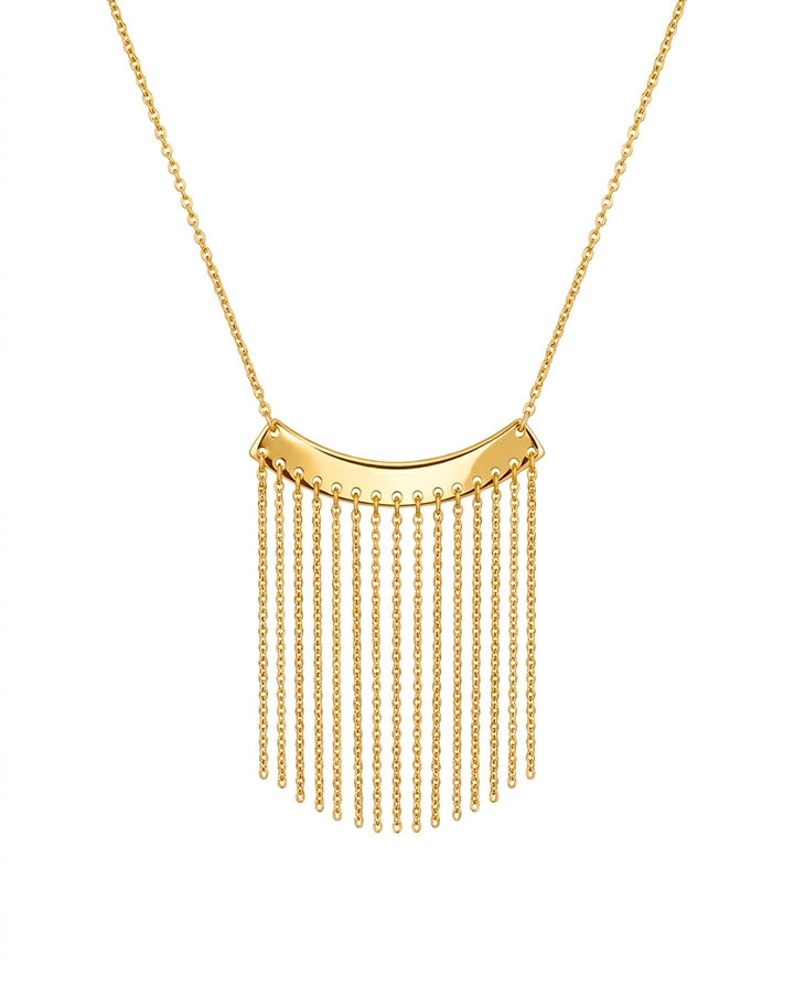 18k Goldkette mit gebogener Platte und hängenden Gliederketten – inspiriert vom „Goldenen Regen“ der persischen Kultur