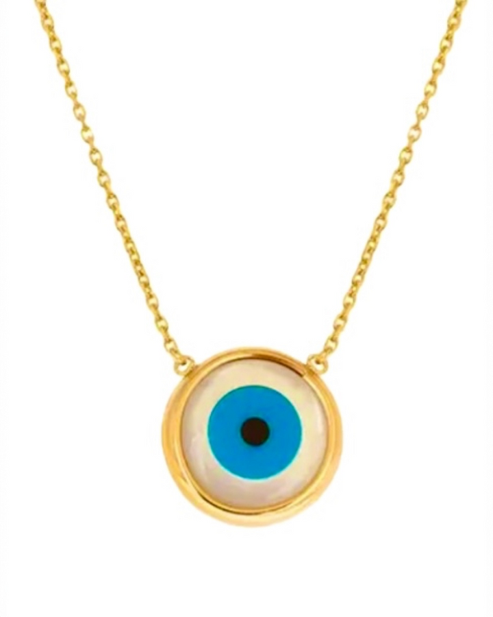 Detailaufnahme der 18k Gelbgold-Halskette „Cheshm-e Hefazat-e Halgeh“ mit rundem Schutzsymbol