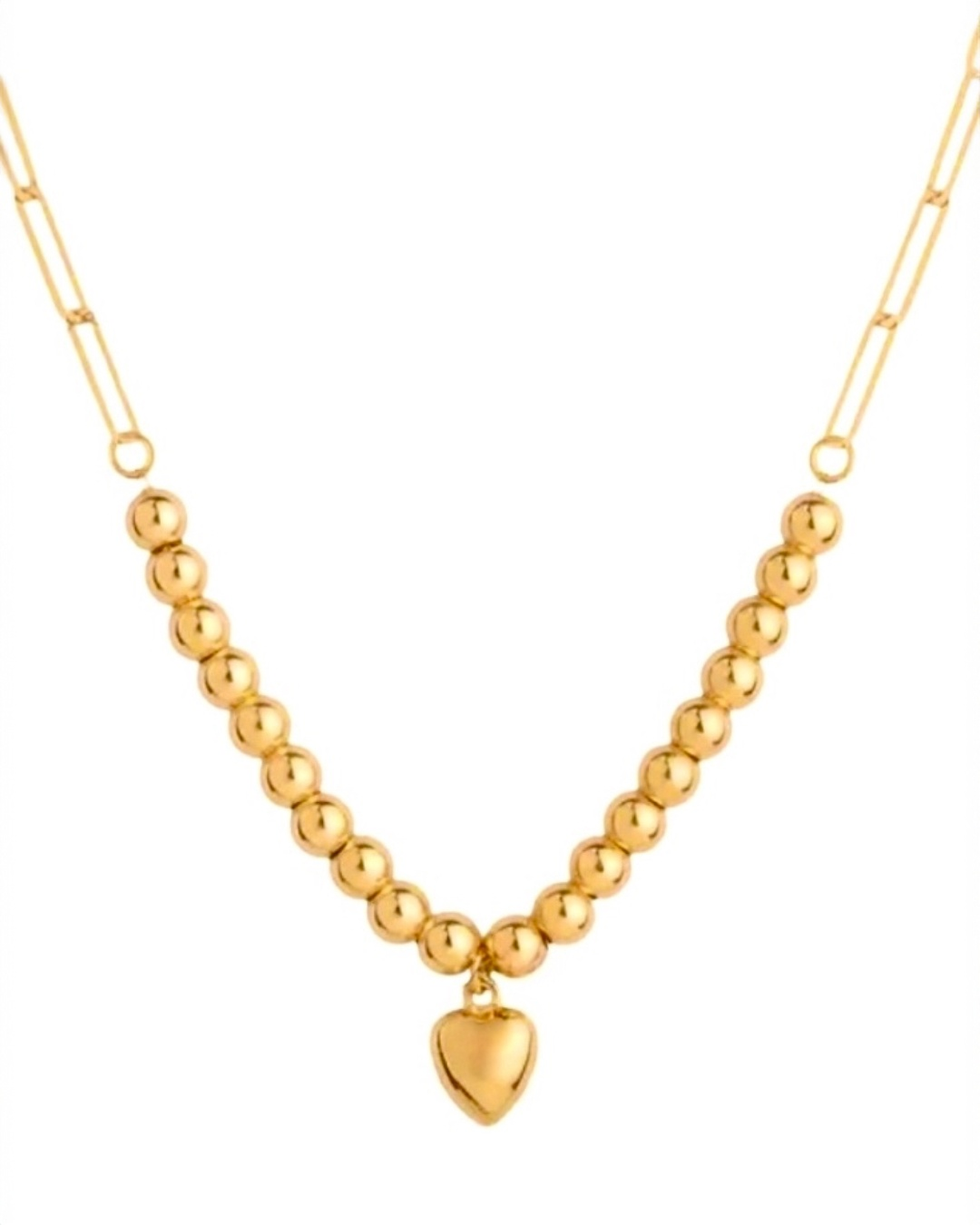 Detailaufnahme der 18k Gelbgold-Halskette mit 2 mm Kugeln und 5 mm Herz
