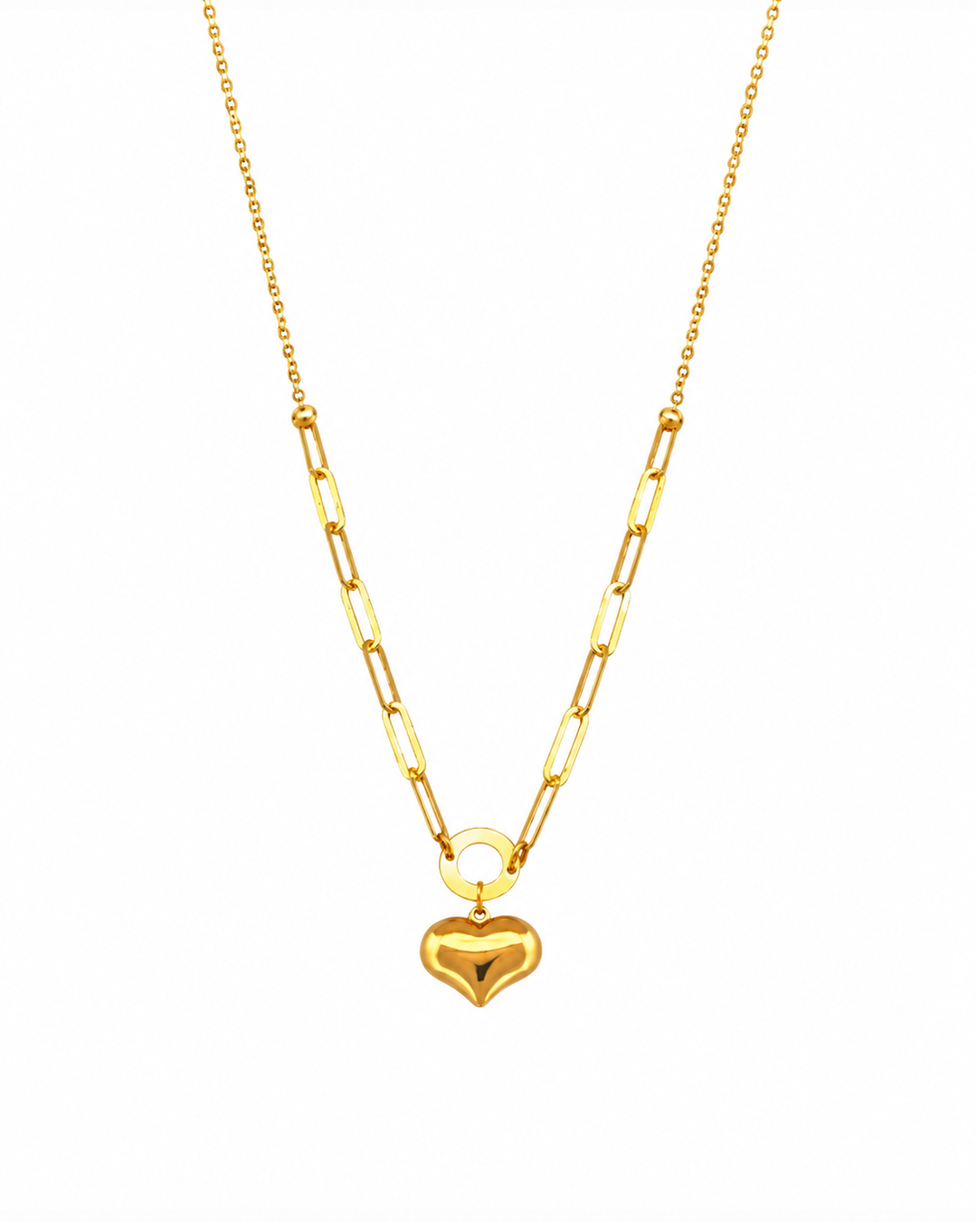 18k Gelbgold Halskette mit länglichen Kettengliedern und Herzanhänger, minimalistischer Goldschmuck aus hochwertigem Echtgold, elegant und zeitlos gestaltet.