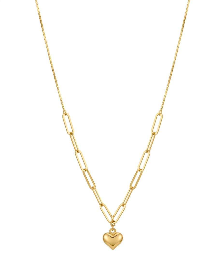 18k Gold Halskette mit Herz-Anhänger und Paperclip-Gliedern – 40–43 cm verstellbar
