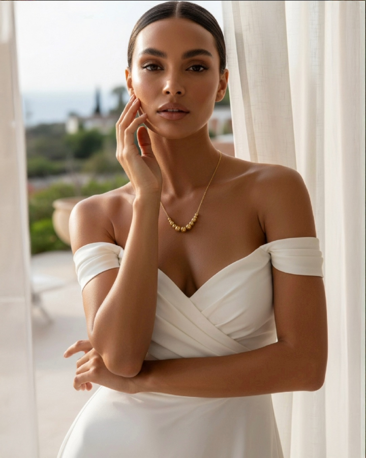 Elegantes Portrait einer stilvollen Frau in einem schulterfreien weißen Kleid vor hellem, mediterranem Hintergrund. Sie trägt eine filigrane Goldhalskette mit mehreren polierten Goldkugeln als zentrales Element. Das warme Licht betont ihre glatte Haut, die feinen Gesichtszüge und die luxuriöse, minimalistische Ästhetik des Schmucks. Die Szene wirkt hochwertig, ruhig und exklusiv.